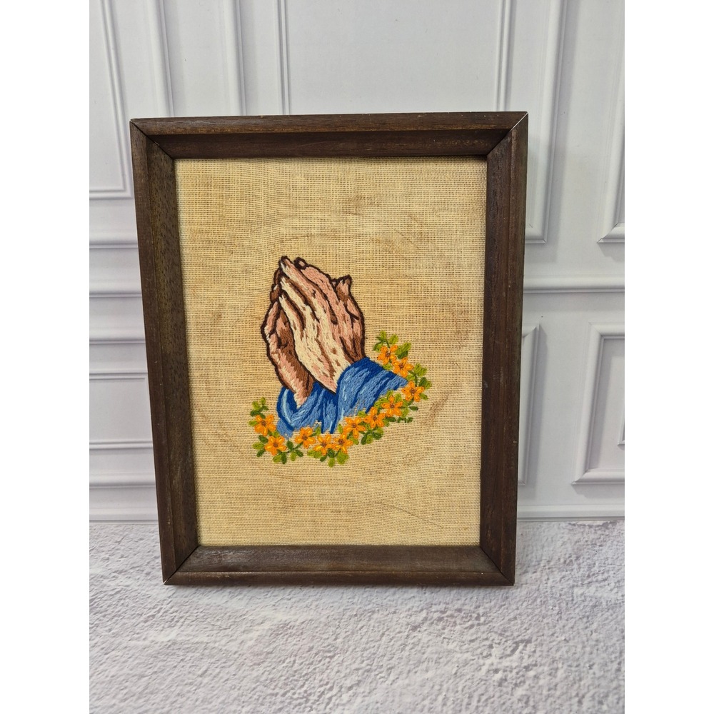 Vintage Praying Hands Hand Embroidered Burlap Wall Art Dark Wood Frame Religious